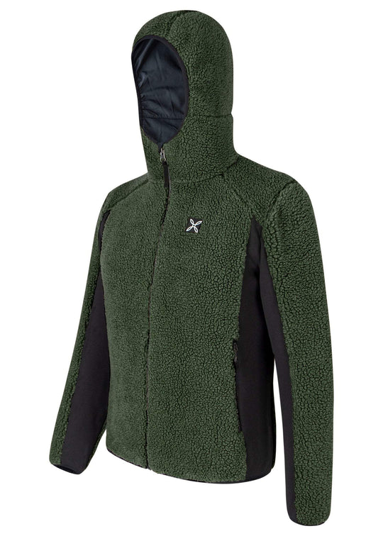Men's hooded sherpa jacket with thermal knit fabric, breathable, easy maintenance, polyester lining, full zip, zip pockets, elastic cuffs and hem, ideal for climbing and outdoor activities.