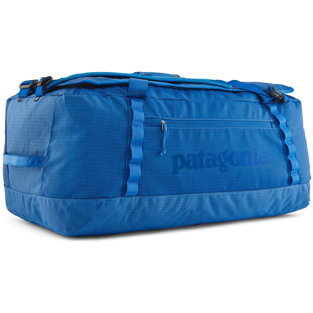 Blue Black Hole Duffel 70L with shoulder straps and side pockets, made from recycled water-repellent fabric.