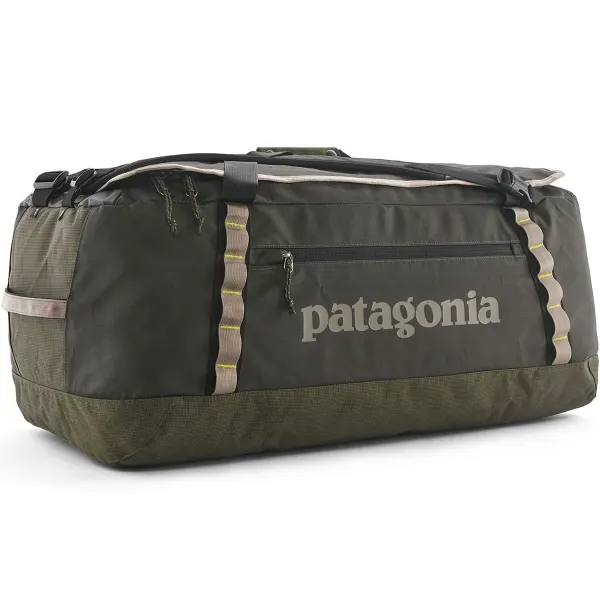 Black Hole Duffel 70L in recycled, water-repellent fabric with ergonomic straps.