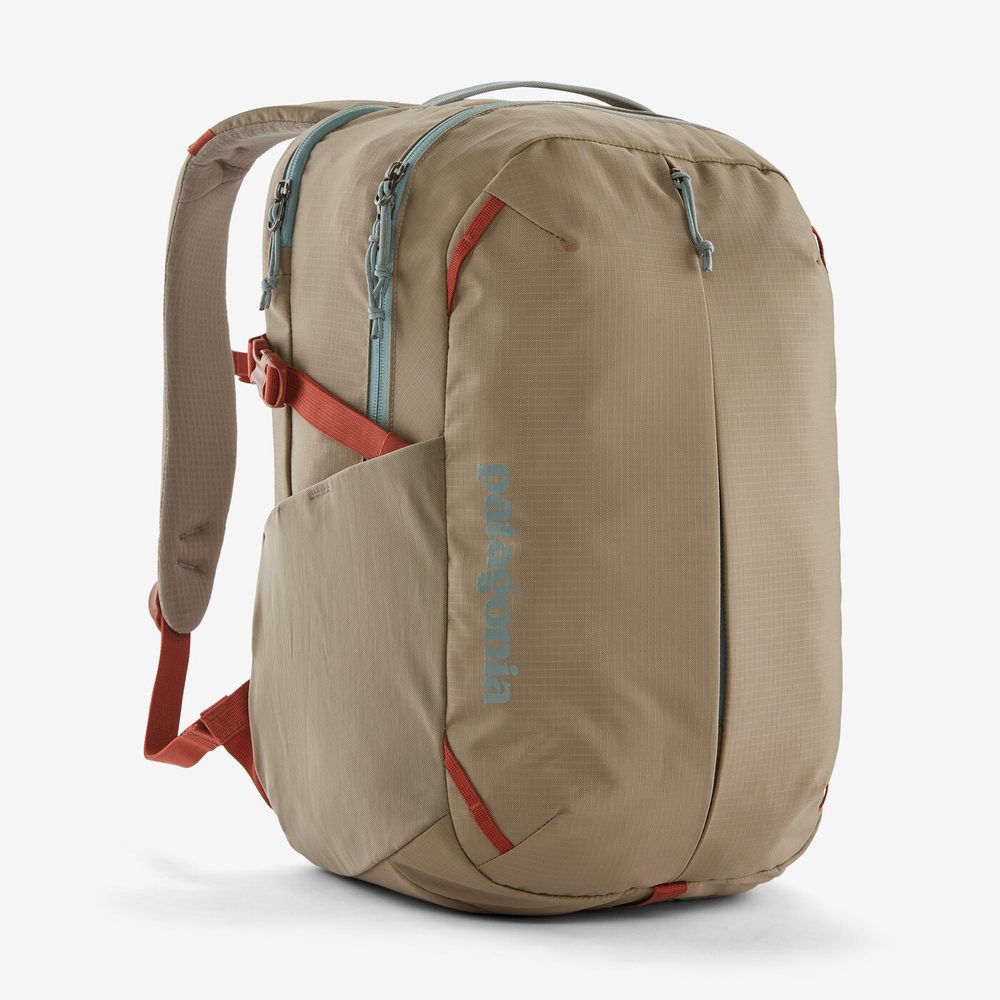 Refugio Day Pack 26L, recycled polyester, beige, Fair Trade Certified, 26L capacity, breathable back panel, padded laptop sleeve, bike light clip, water-resistant.