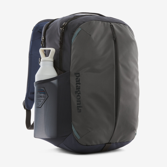 Refugio Day Pack 26L with side pocket water bottle, gray polyester, Fair Trade Certified.
