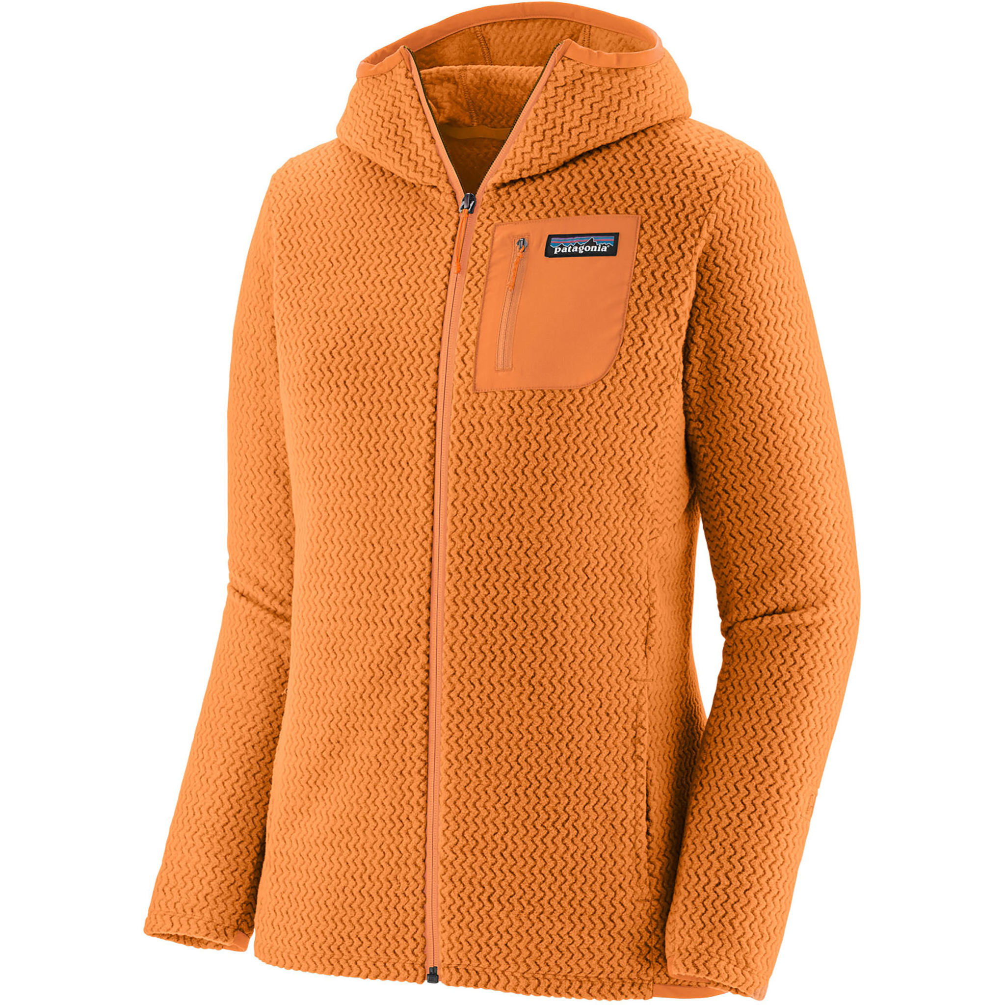 Lightweight orange R1 Air Full-Zip Hoody with hood and full zip design.