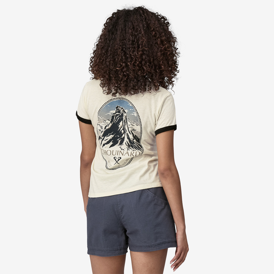W's Chouinard Crest Ringer Responsibili-Tee with vintage graphic and contrast trim, made from recycled materials.
