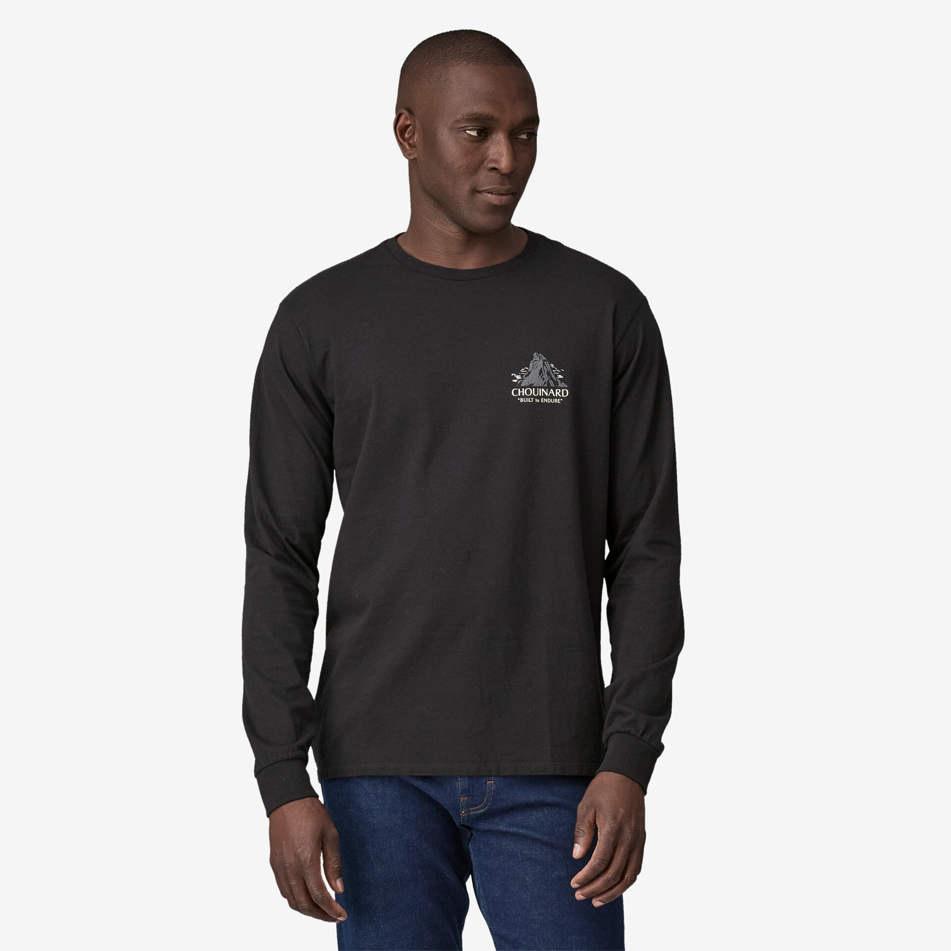 Men's black long-sleeved t-shirt in recycled jersey with crew neck and logo, Fair Trade Certified™.