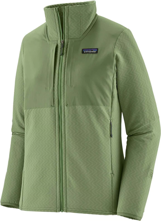 R2 Crossstrata Jkt women's jacket in green, made from durable, breathable, and weather-resistant high-loft fabric with front zip and multiple pockets, designed for varying mountain weather conditions.