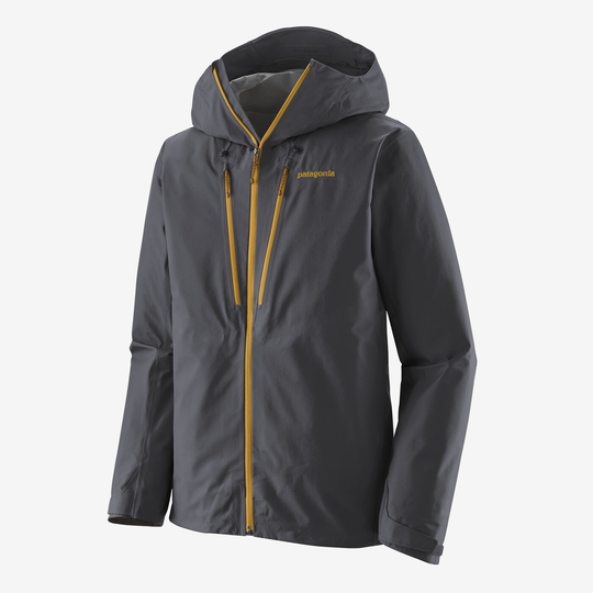 Gray M's Triolet Jkt with hood and yellow zippers, made from 100% recycled waterproof/breathable GORE-TEX fabric.