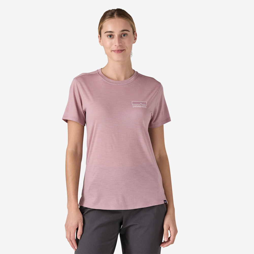 W's Cap Cool Merino Blend Graphic Shirt, breathable merino wool blend, pink, short sleeves, Fair Trade Certified.