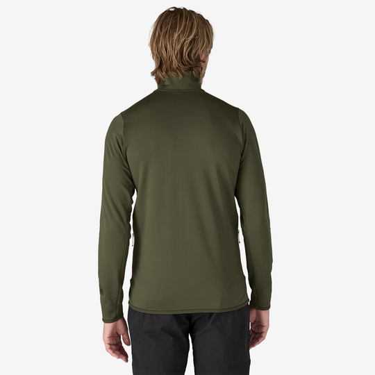 M's R1 Thermal Jkt in olive green, rear view; men's technical pile jacket for cold mountain conditions.