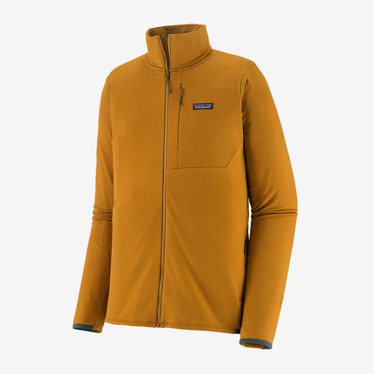 R1 Thermal Jkt in gold, featuring full-zip design and chest pocket, perfect for cold weather mountaineering.