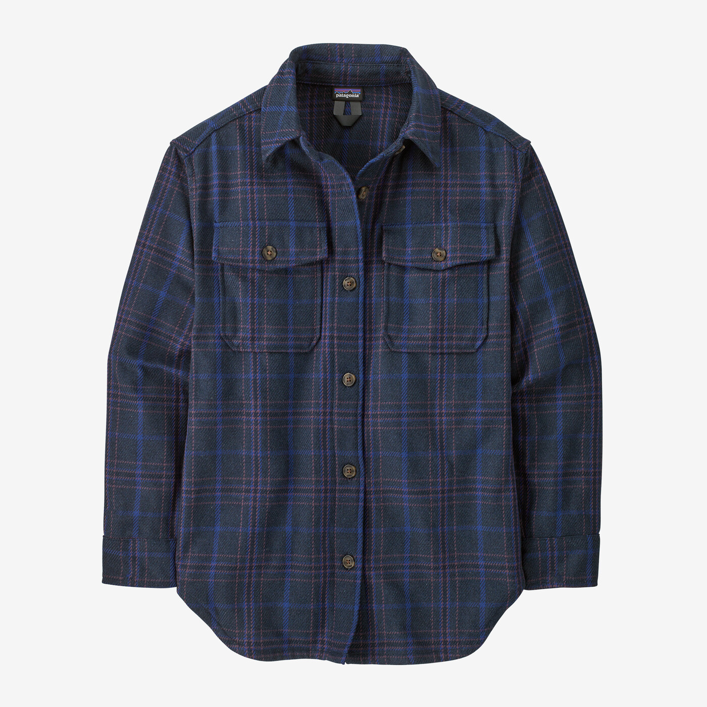 Fjord Loft Overshirt Jacket in blue plaid, featuring button closure, chest pockets, and rounded hem.