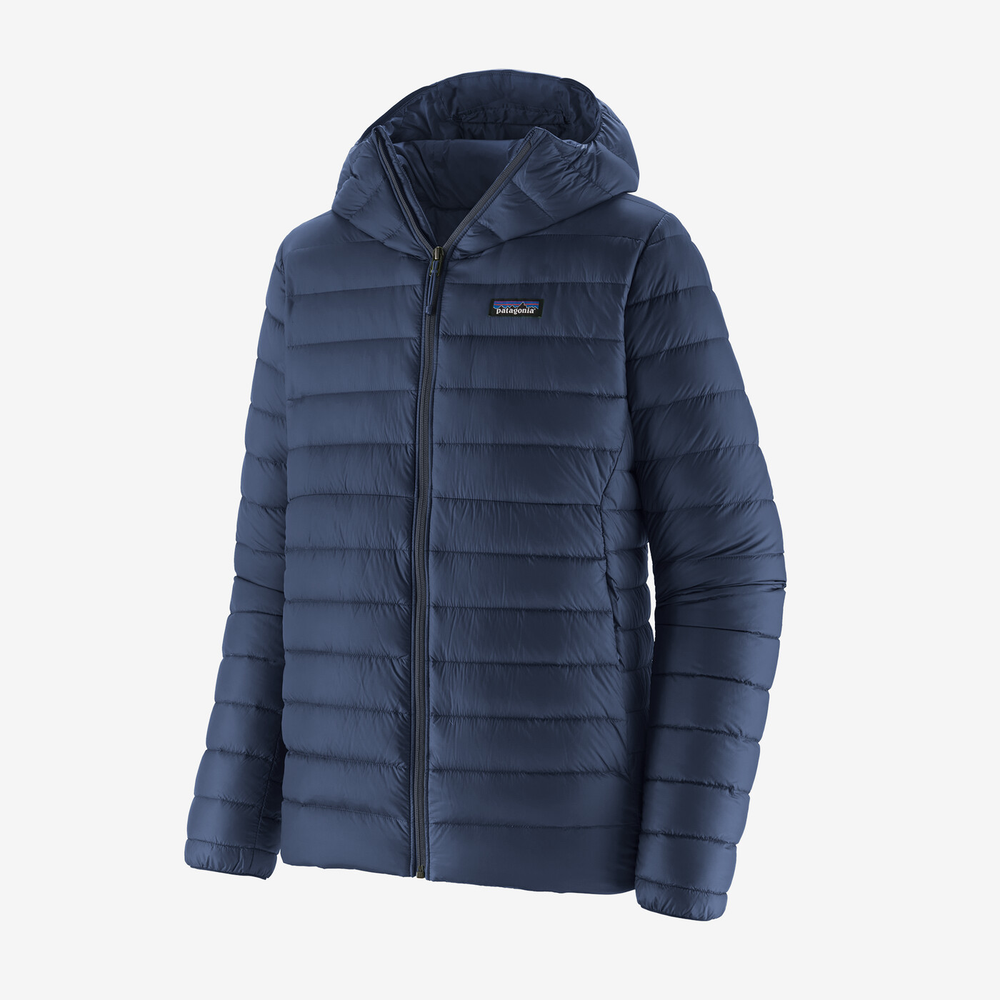 Lightweight men's Down Sweater Hoody with recycled nylon ripstop, 800-fill-power Responsible Down, adjustable hood, and multiple zippered pockets for warmth and versatility