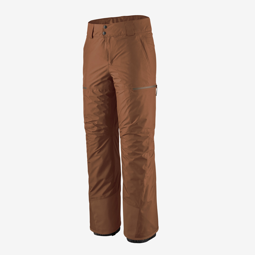 Powder Town Pants (Reg) in brown, featuring durable 2-layer waterproof fabric, adjustable waist, and RECCO® reflector.