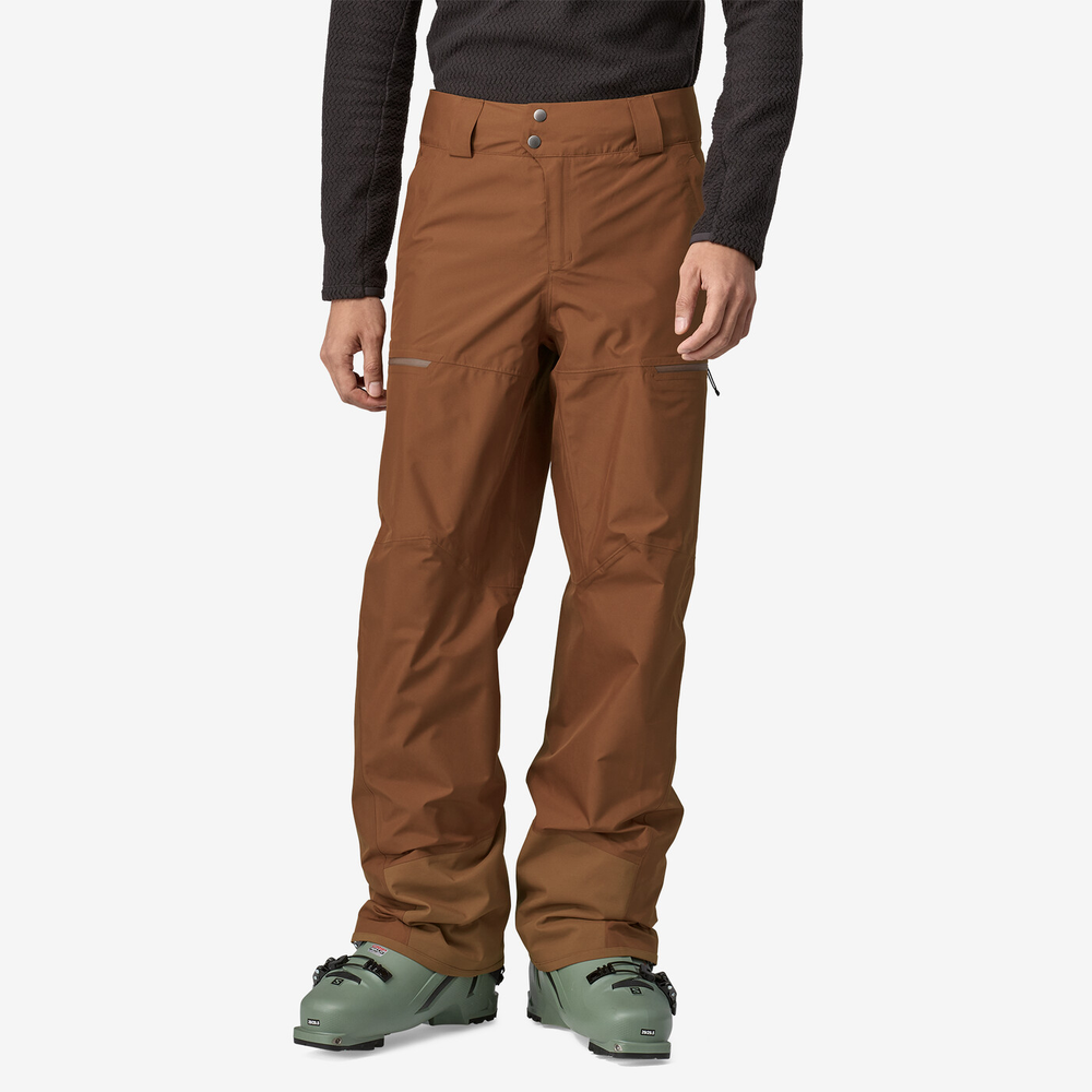 Men's Powder Town Pants (Reg) in brown, designed for freedom of movement and waterproof protection, featuring adjustable waist and multiple pockets.