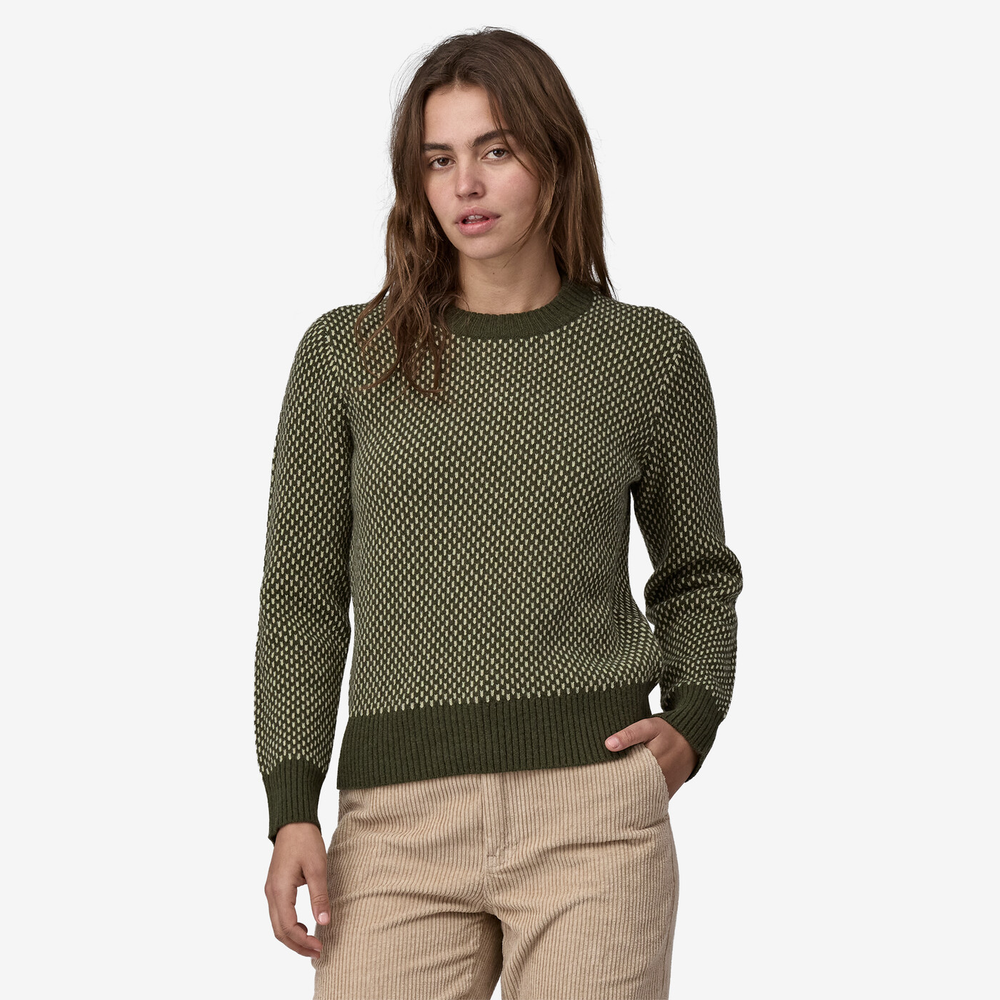 Recycled wool-blend crewneck sweater in green with ribbed cuffs and hem.