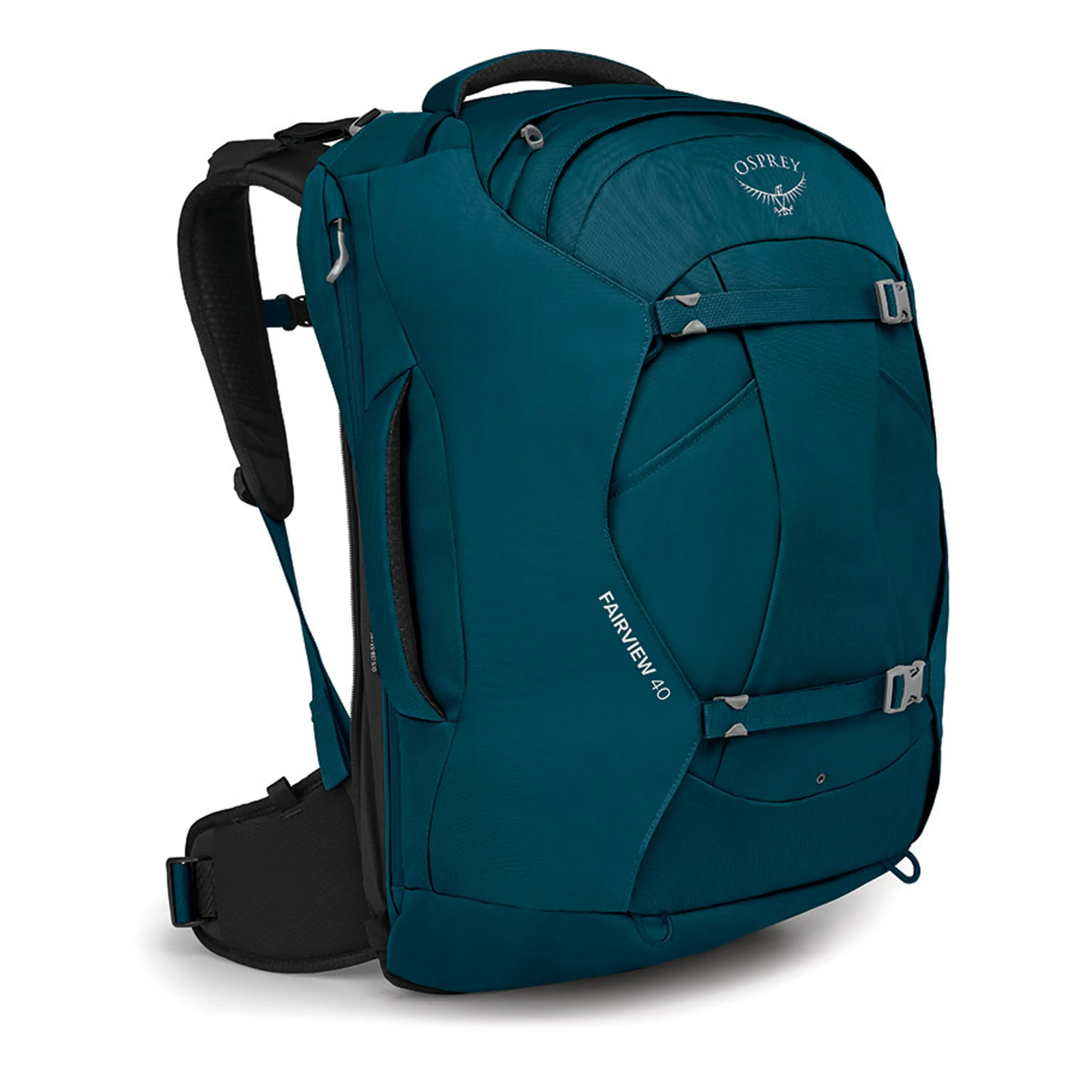 Zaino Fairview 40 blu con cinghie di compressione e maniglioni imbottiti.