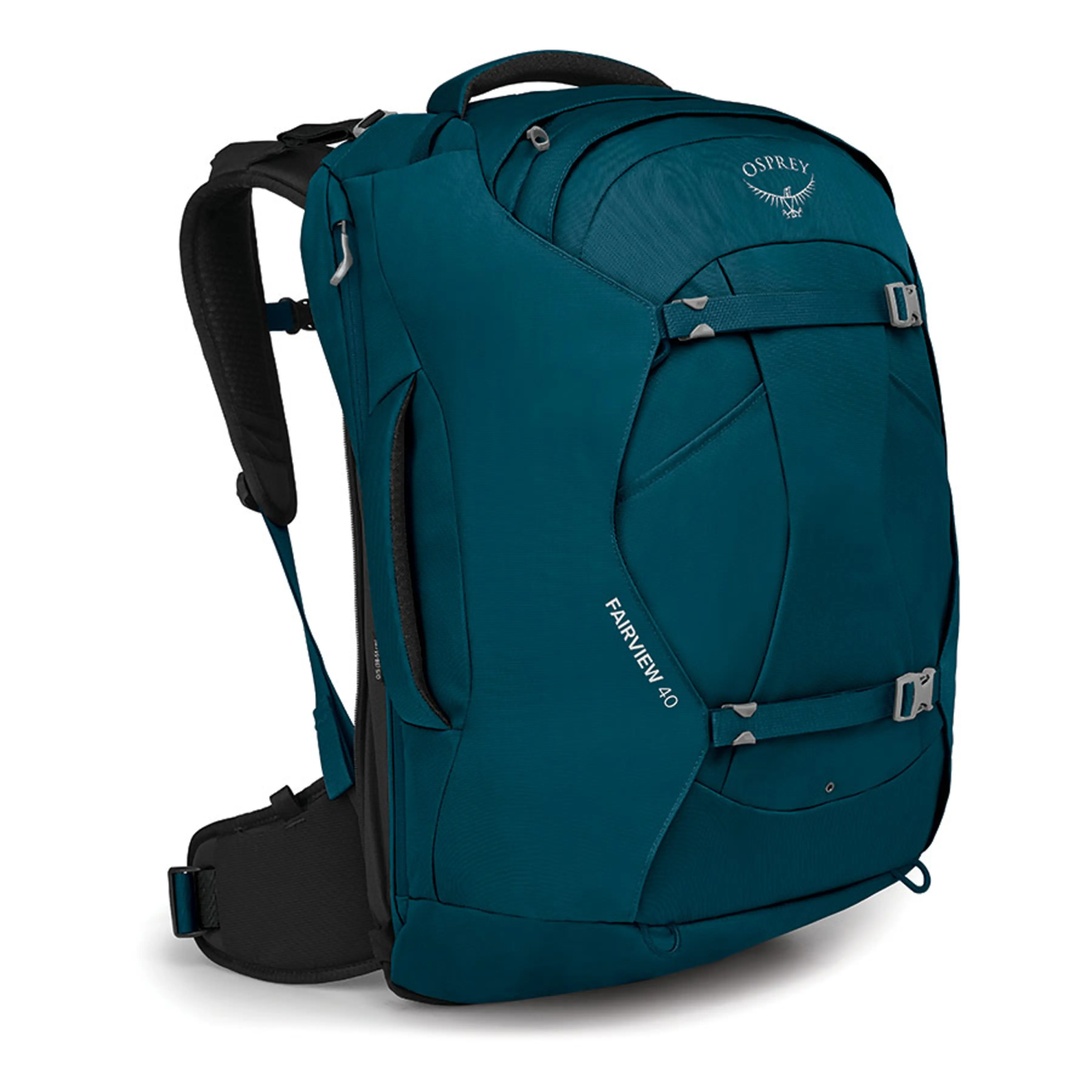 Zaino Fairview 40 blu con cinghie di compressione e maniglioni imbottiti.