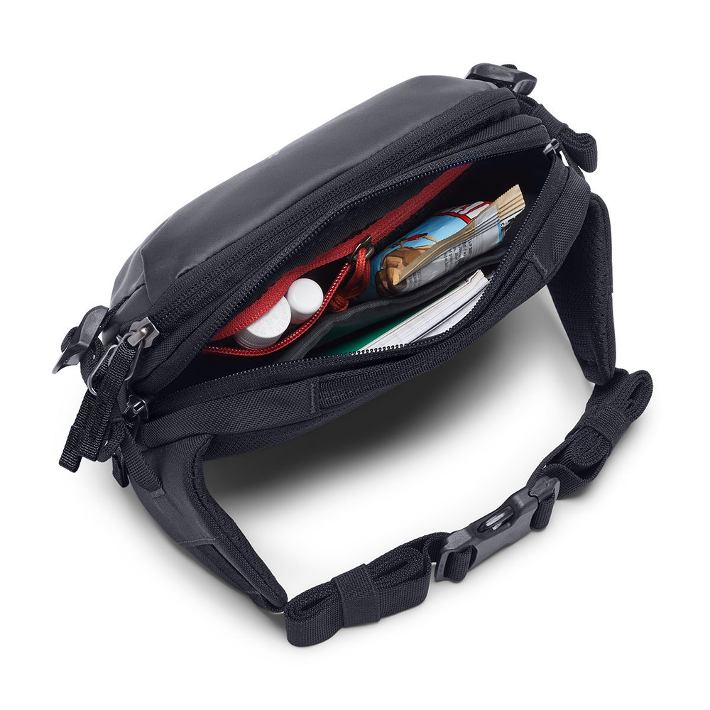 Allpa X 3L Hip Pack, compact black design with main zip compartment, ideal for essentials, compression straps, sustainable nylon material.