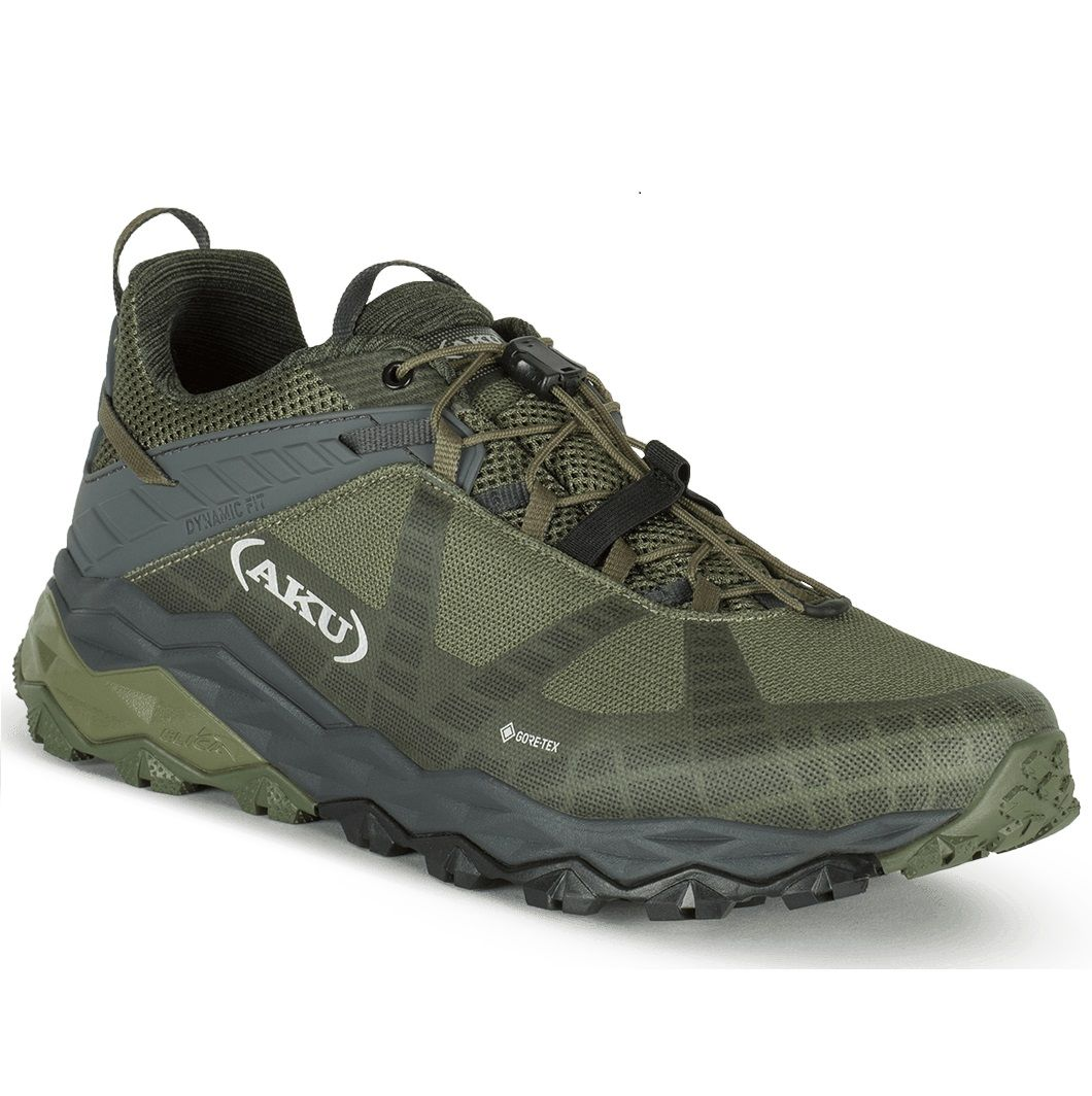 Flyrock Gtx hiking shoe with Vibram sole and Gore-Tex lining for dynamic off-road activities.