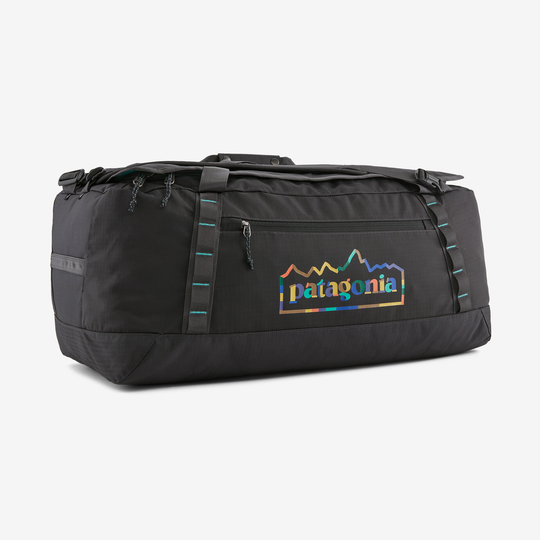 Black Hole Duffel 70L, durable water-repellent polyester, ergonomic straps.