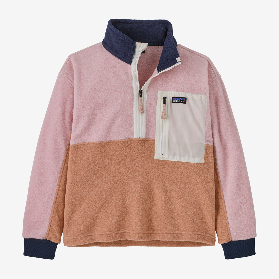 Microdini Zip Pullover in pile riciclato rosa e marrone con zip frontale e tasca sul petto.