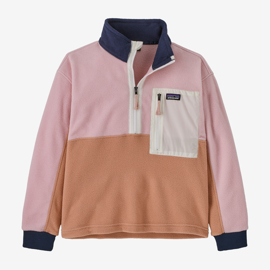 Microdini Zip Pullover in pile riciclato rosa e marrone con zip frontale e tasca sul petto.