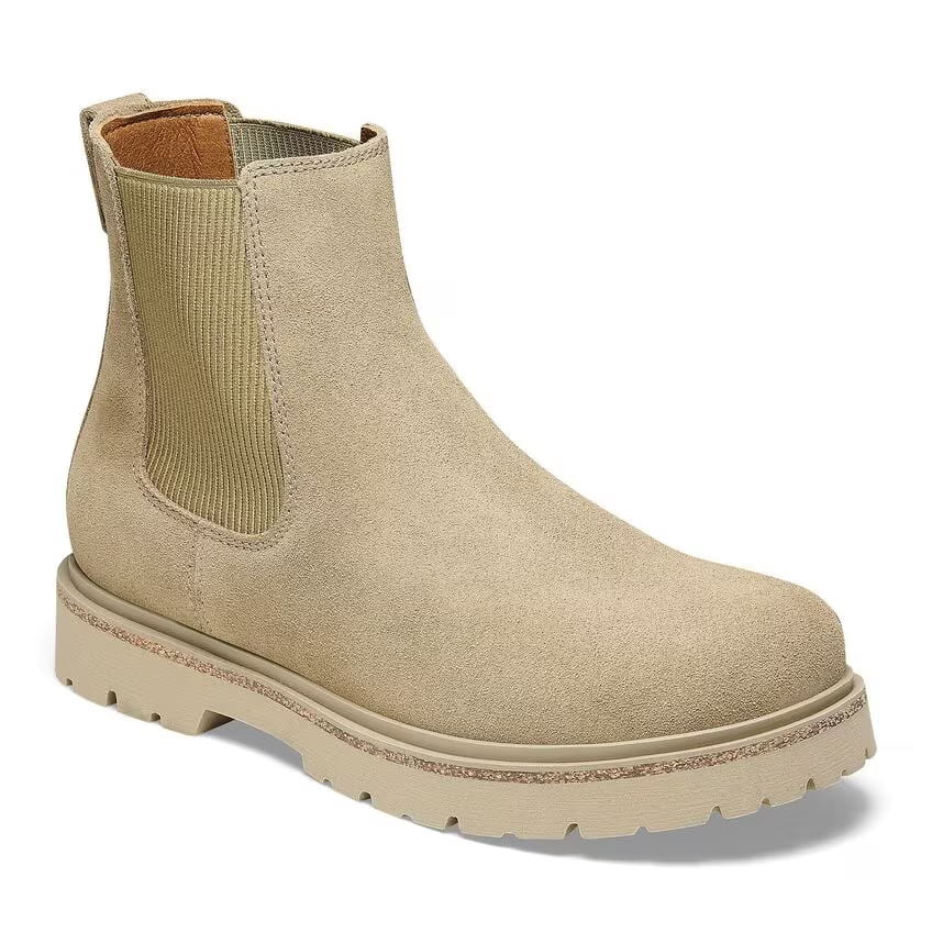 Suede leather women's Chelsea boot, featuring a cork sole, microfiber insole, and elastic side panels.