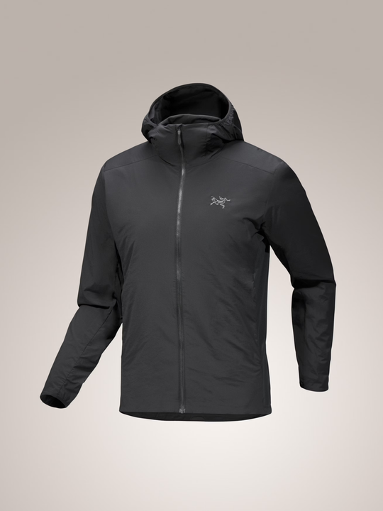 Lightweight black Atom SL Hoody M with hood and logo on chest, featuring minimalist design.