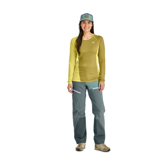 120 Cool Tec Fast Upward women's long sleeve shirt, yellow, designed for mountain hiking, featuring Merino wool and Tencel for cooling and durability.