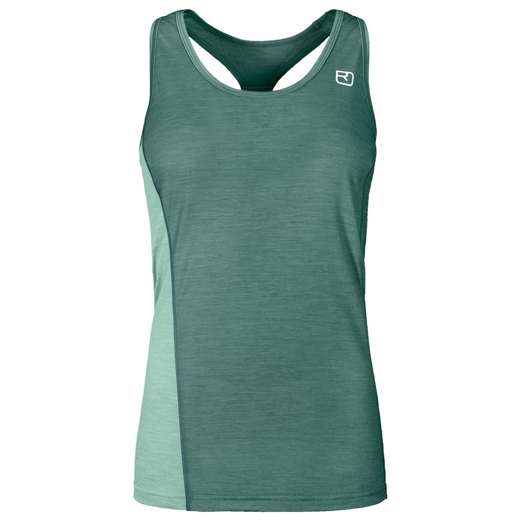 120 Cool Tec Fast Upward Top W for climbing, green Merino wool blend, athletic fit.