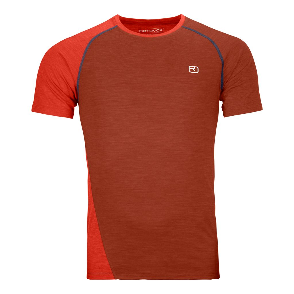 Men's merino wool T-shirt with Cool Tec technology in red, short sleeves, athletic fit.