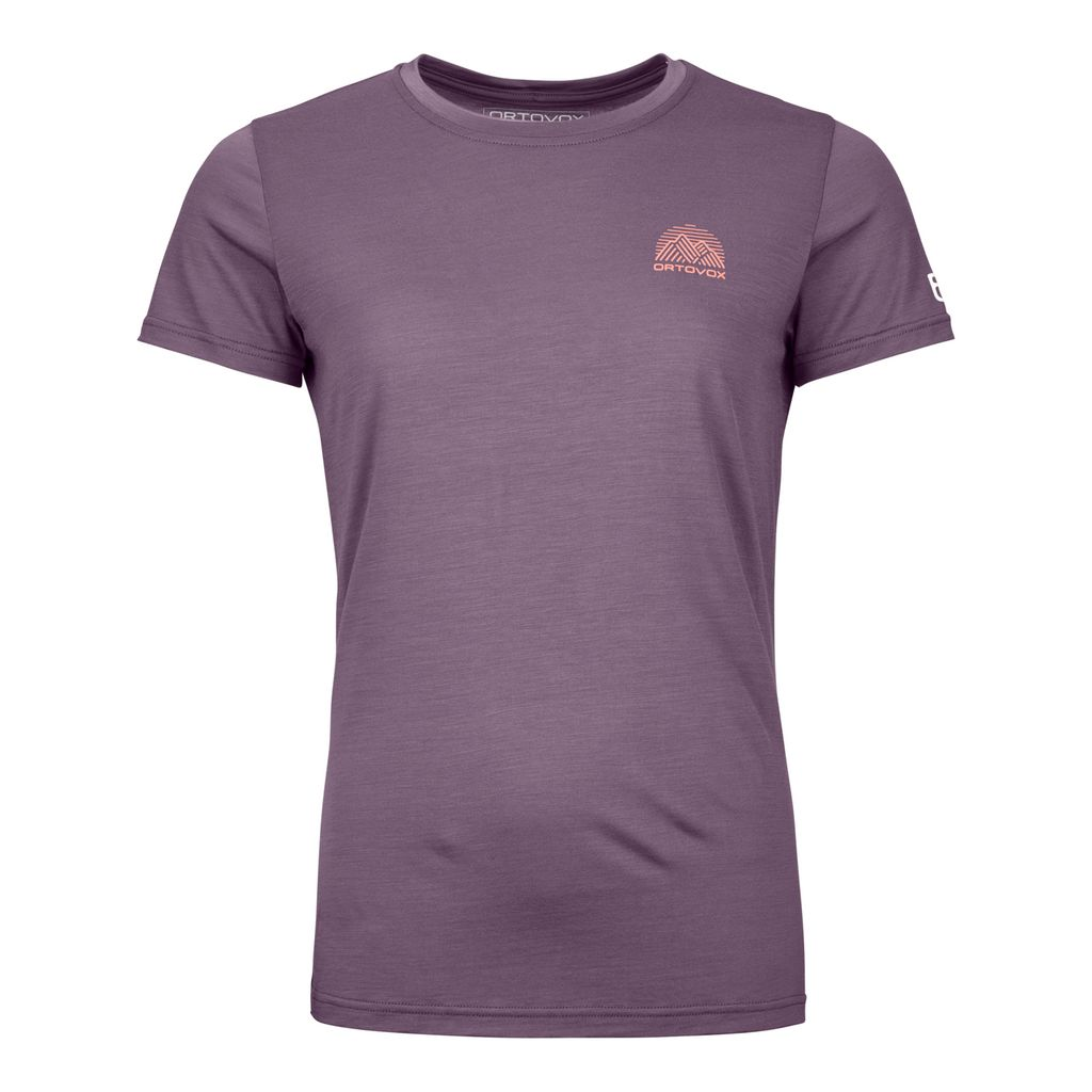 Purple 120 Cool Tec Mtn Stripe TS W shirt with Merino wool for quick drying and cooling effect.