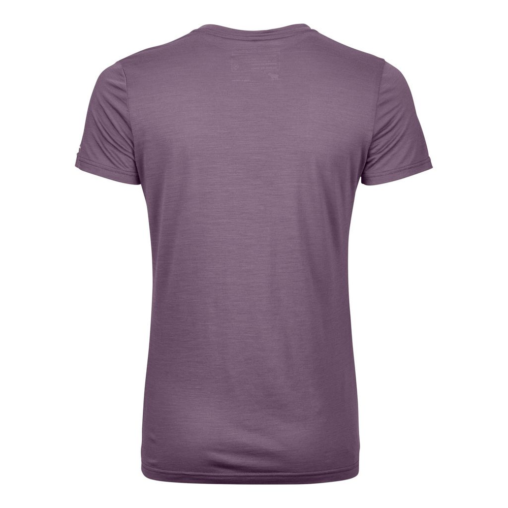Purple women's t-shirt, back view, featuring Merino wool and TENCEL™ Lyocell fabric, perfect for high-intensity mountain activities.