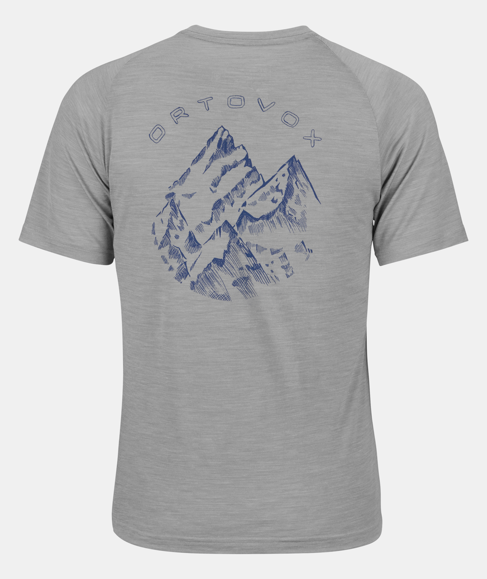 Gray 150 Cool Ballpen TS women's t-shirt with mountain print, made from Merino wool and Tencel for durability and cooling effect.