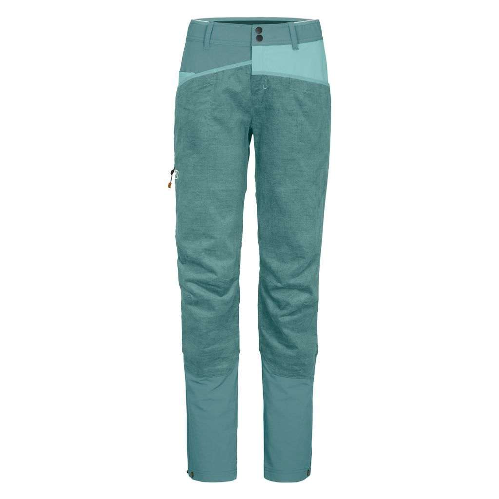 Women's Casale Pants, durable climbing trousers, hemp and organic cotton blend, ergonomic fit, teal color.