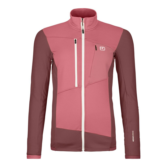 Women's fleece grid jacket for mountain tours, featuring merino wool, waffle structure, high breathability, and two chest pockets.