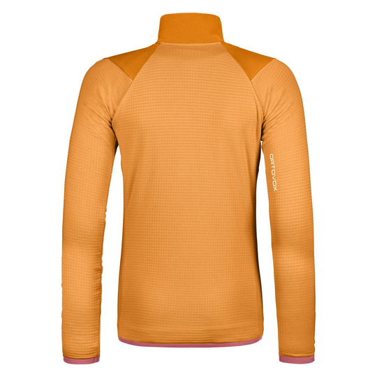Women's Fleece Grid Jacket, lightweight technical fleece, orange color, waffle structure, high breathability, Merino wool blend, ideal for mountain tours.