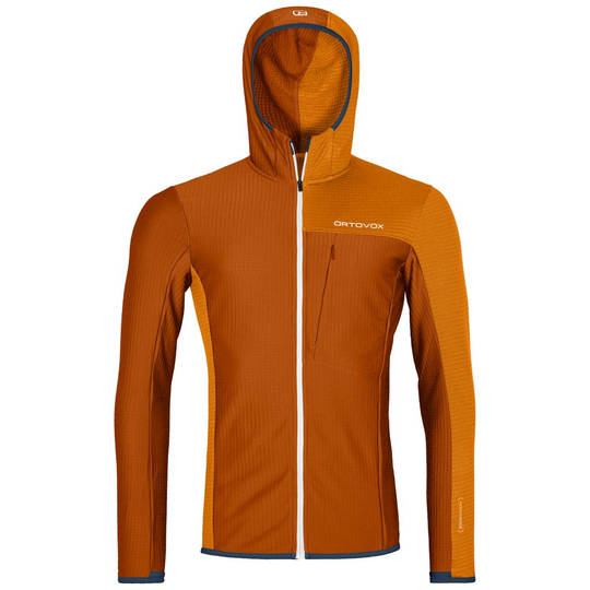 Fleece Light Grid Hooded Jacket M in orange with ergonomic fit, Merino wool lining, front pocket, and protective hood.