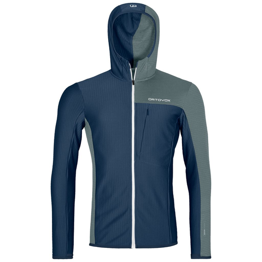 Fleece Light Grid Hooded Jacket for men, ultralight with Merino wool, ergonomic fit, ideal for mountain hikes, front pocket and thumb loops for warmth.