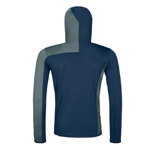 Men's Fleece Light Grid Hooded Jacket, lightweight, blue-gray, ergonomic fit, merino wool inserts, thumb loops, ventilation, mountain hiking.