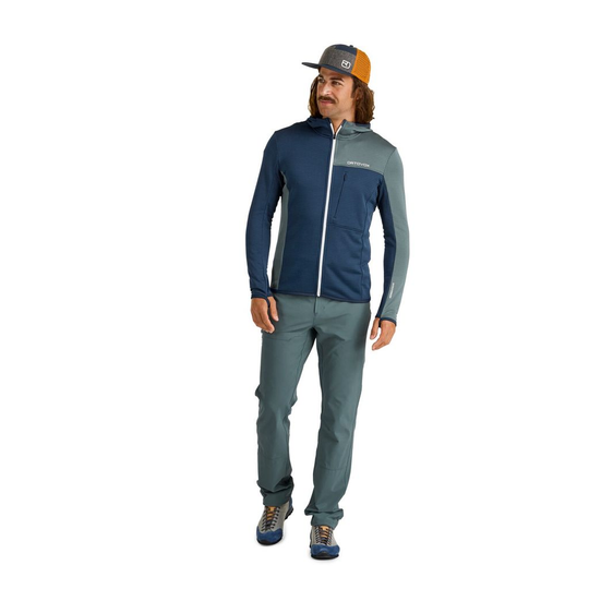 Fleece Light Grid Hooded Jacket for men, ultralight with Merino wool inserts, ideal for mountain hiking, athletic fit.
