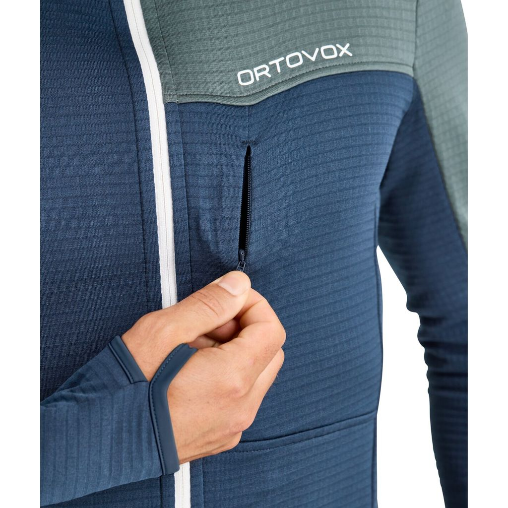 Fleece Light Grid Hooded Jacket with thumb loops and front zippered pocket for mountain excursions.