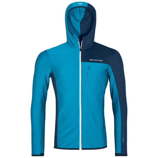 Men's Fleece Light Grid Hooded Jacket, ultralight with Merino wool, ideal for mountain hiking, featuring ergonomic design, thumb loops, and front pocket.
