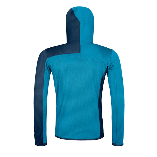 Fleece Light Grid Hooded Jkt for men, ultralight, ergonomic, merino wool, athletic fit, blue color.
