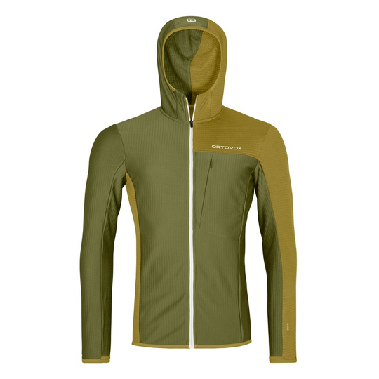Fleece Light Grid Hooded Jacket for men with ergonomic design, Merino wool inserts, and thumb loops, ideal for alpine excursions.