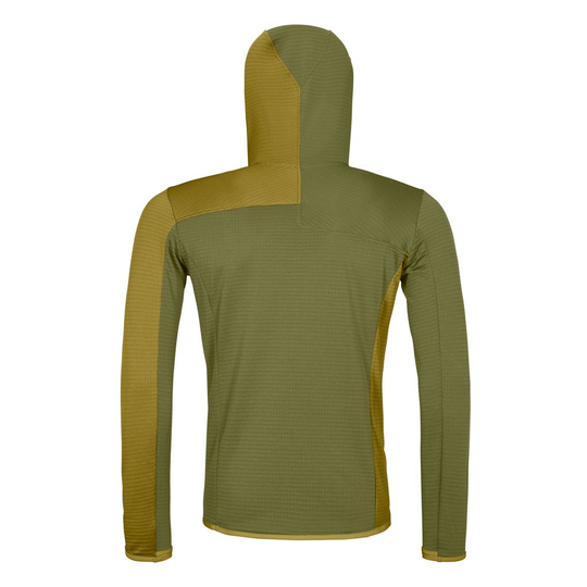 Fleece Light Grid Hooded Jkt M in olive green, lightweight and ergonomic design with Merino wool inserts for warmth and comfort in alpine excursions.
