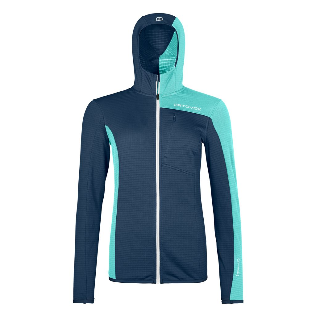 Lightweight fleece jacket with hood, Merino wool blend, ergonomic cut, athletic fit.