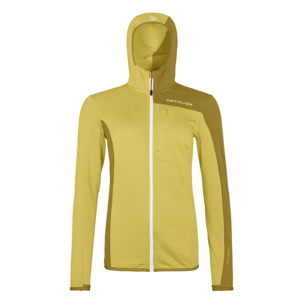 Fleece Light Grid Hooded Jkt, lightweight Merino wool hiking jacket, ergonomic cut, thumb loops, protective hood.