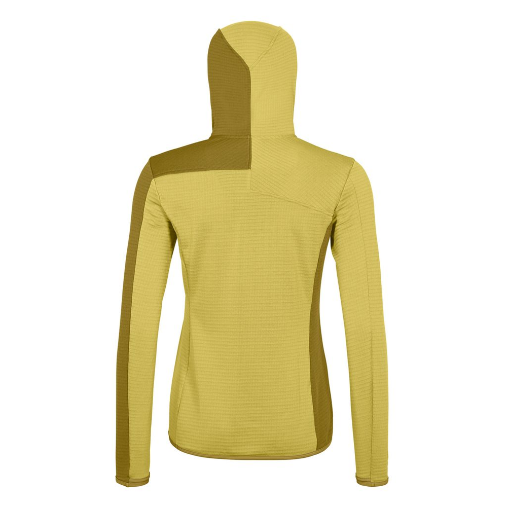 Fleece Light Grid Hooded Jacket W in yellow, ergonomic design, lightweight Merino wool fabric, back view.