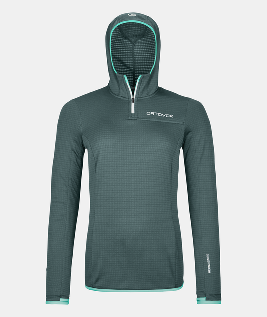 Fleece Light Grid ZN Hoody W, lightweight athletic-fit hoody for mountain tours, with Merino wool for warmth and ventilation.