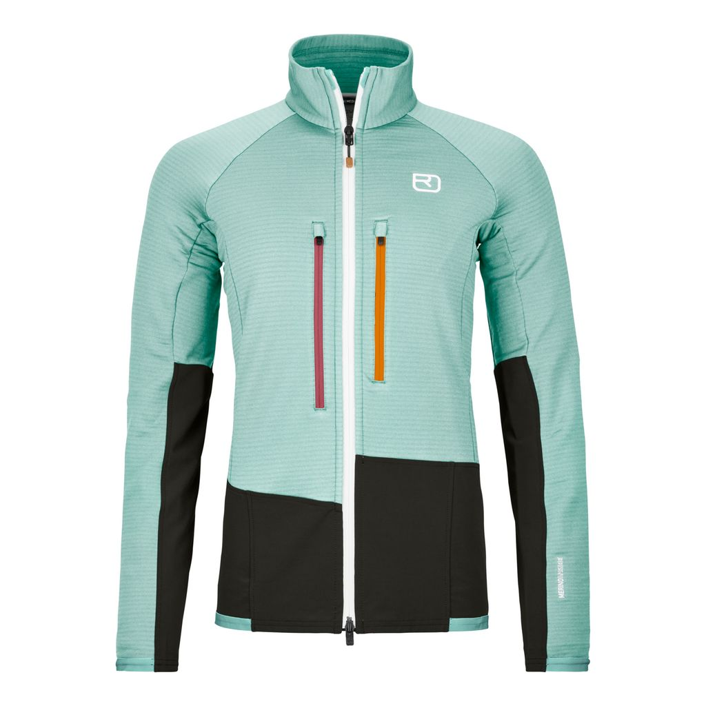 Women's Fleece Rib Jacket with merino wool, designed for rock climbing, featuring breathability, durability, and a double-front zipper.